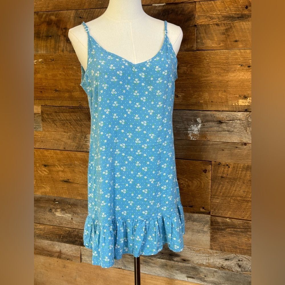 Hypernation Blue Floral Ruffle Hem Mini Dress Adjustable Straps Rayon